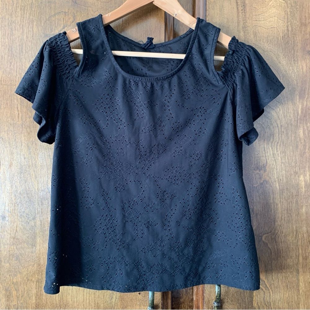 Black Cold-Shoulder Eyelet Women's Top